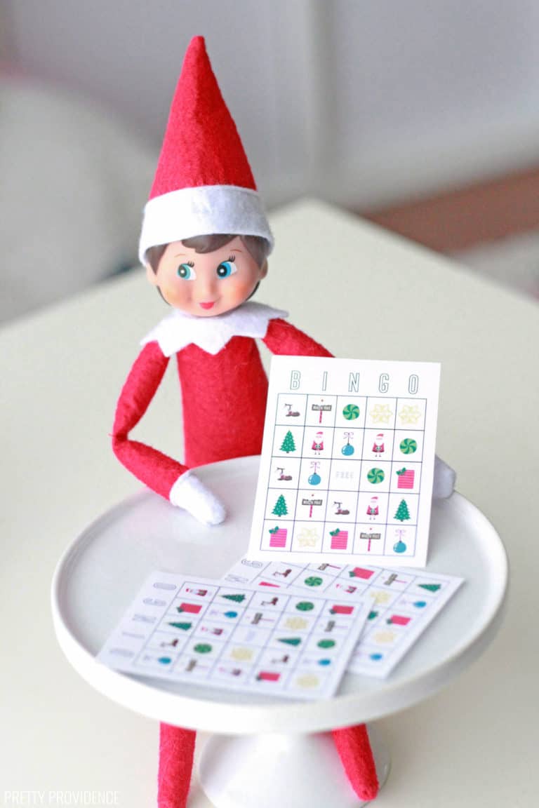 elf on the shelf with mini printable bingo game.