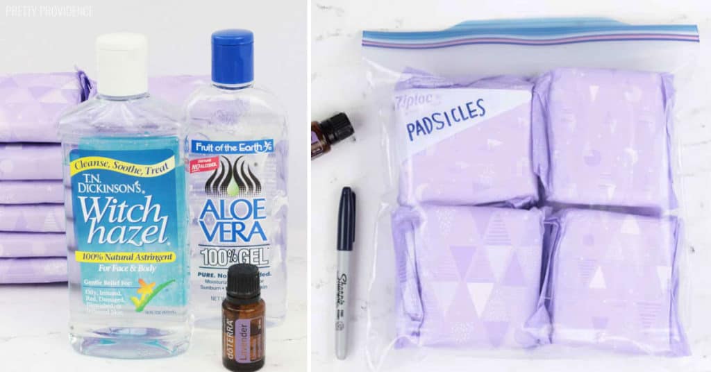 Padsicles (frozen postpartum pads) with ingredients witch hazel, aloe vera, and lavender essential oil.