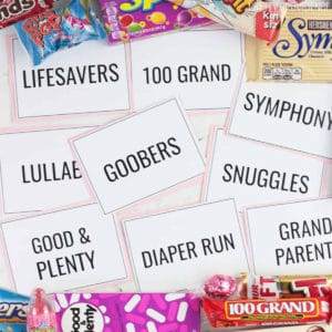 baby shower game with candy bars and match game cards.