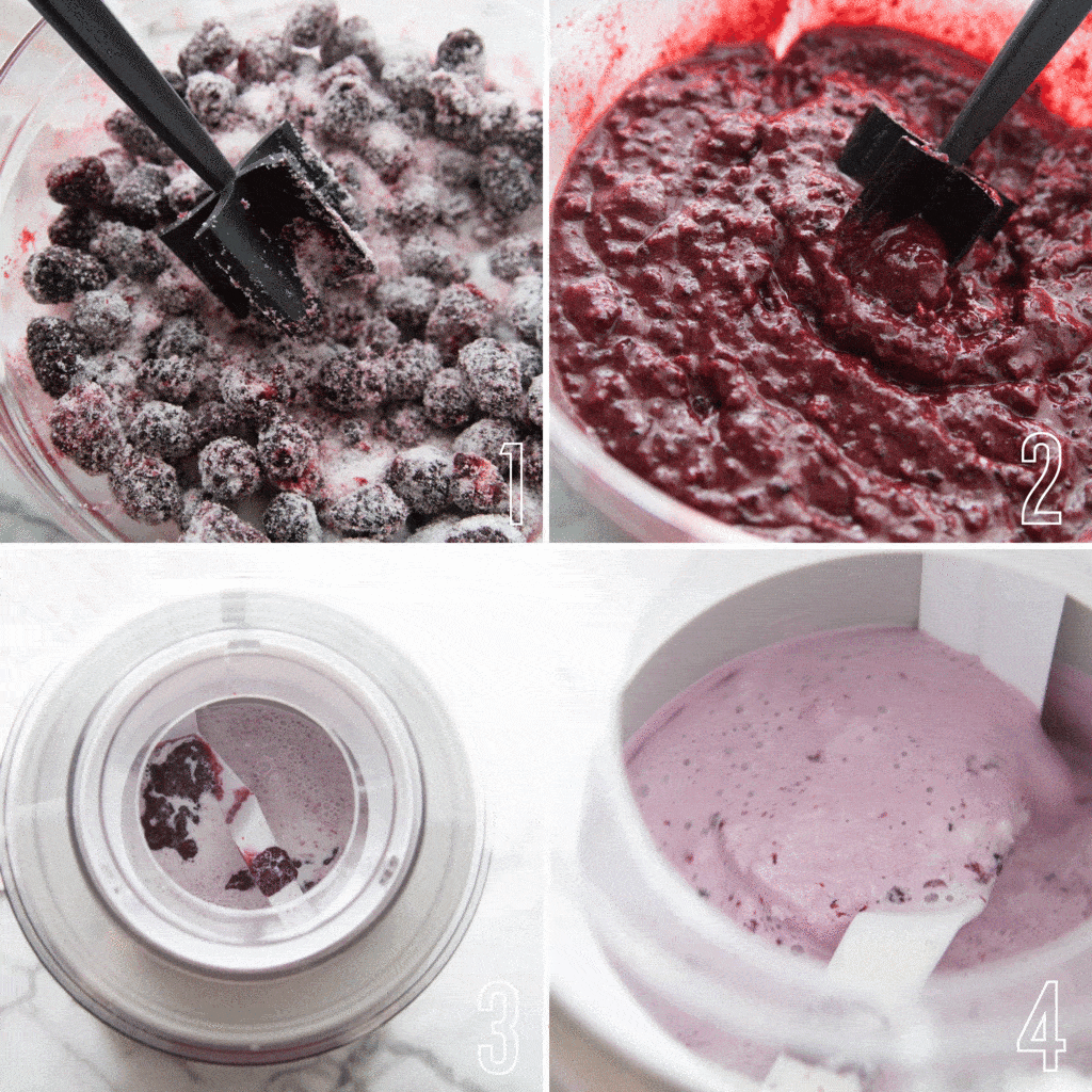 step by step photo collage of the homemade blackberry ice cream process