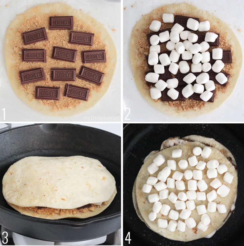 How to Make Dessert Quesadillas step by step - tortilla with graham crackers, chocolate, marshmallows and in a skillet. 