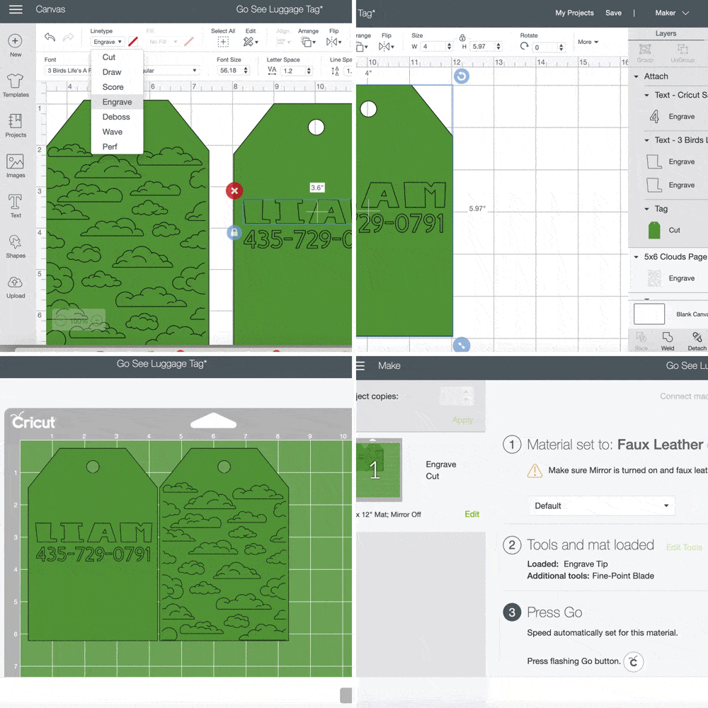 step by step screen shots of tag design in cricut design space