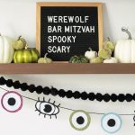 Halloween Decoration Eyeball Garland, Black Pom Pom Garland, Green and White Pumpkins on a Mantel
