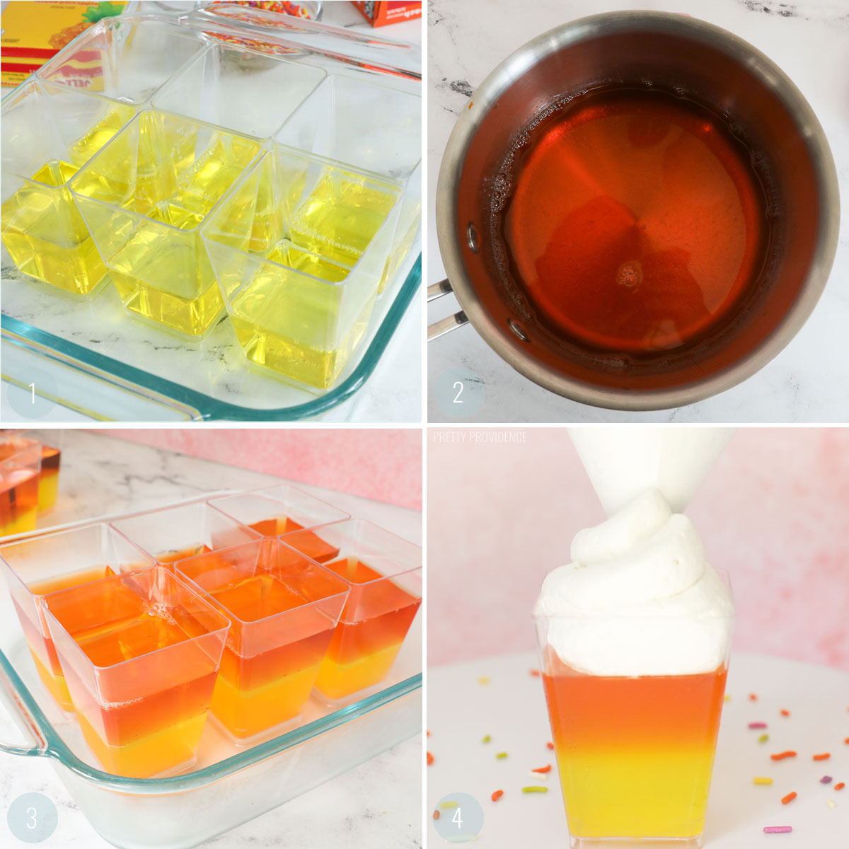 How to make layered jello cups. Step 1, pour yellow jello into dessert cups. Step two, refrigerate. Step three, pour orange jello into cups, and refrigerate.