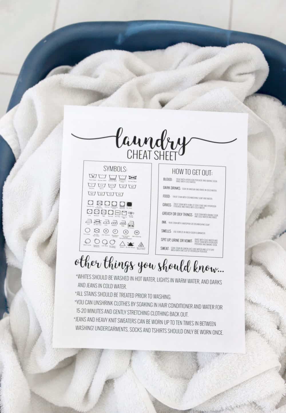 a laundry cheat sheet on top of a basket full of towels