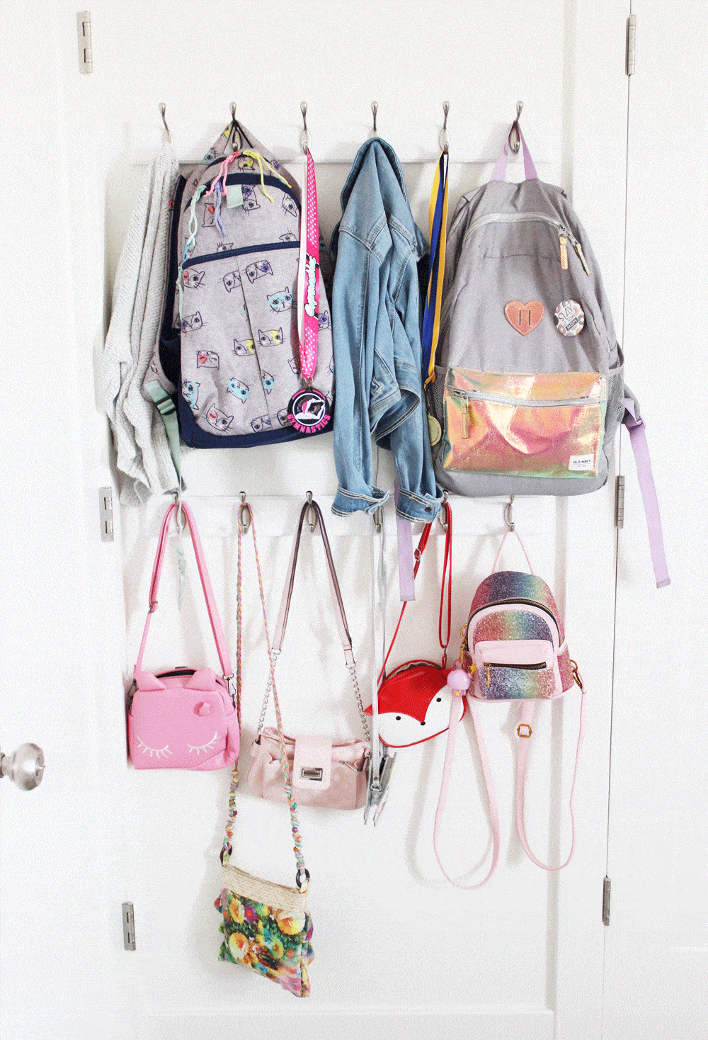 white hanging hooks for purses and backpacks