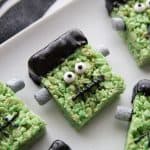 frankenstein rice krispie treat on a white platter