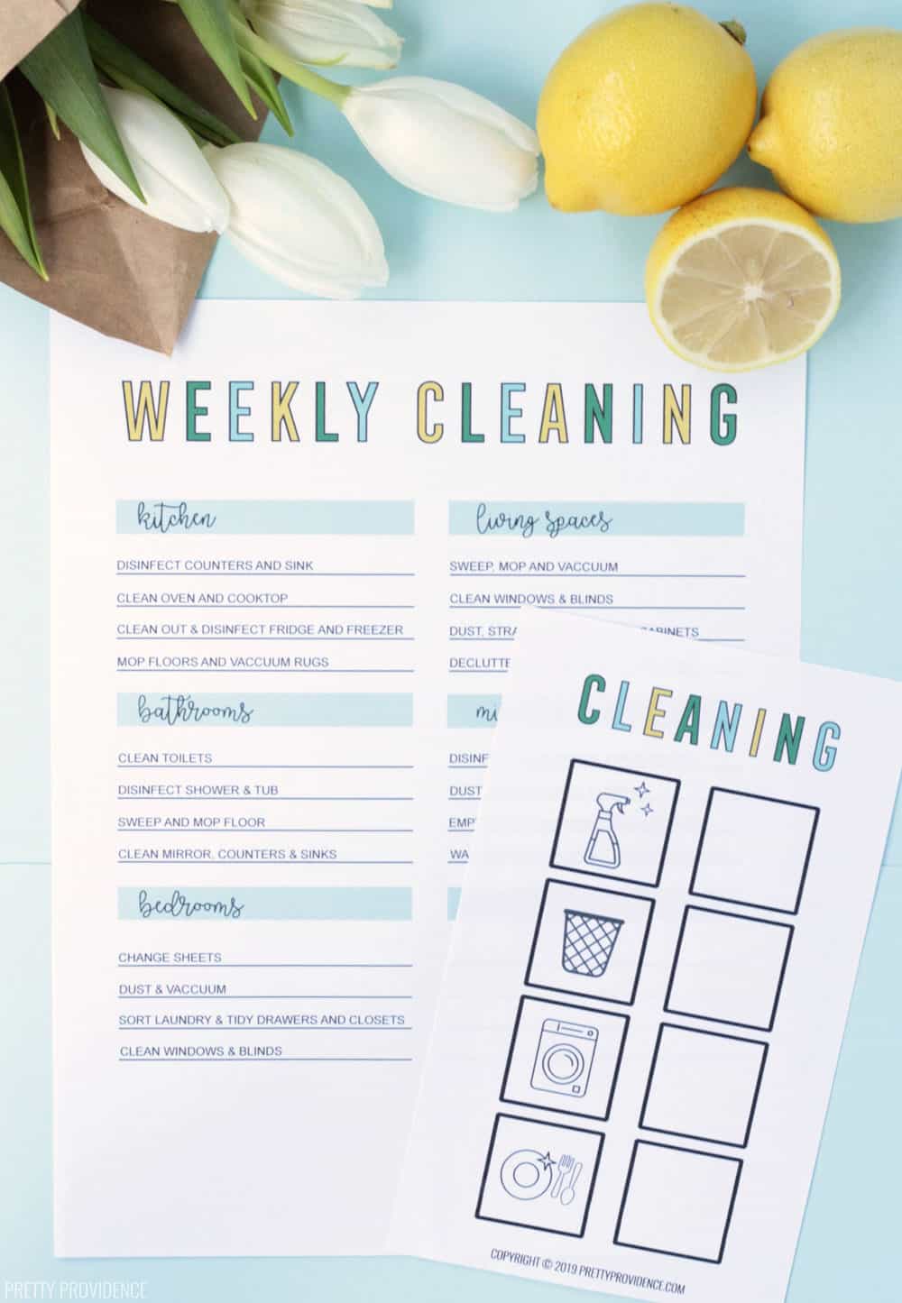 Weekly cleaning checklist and routine, and checklist for kids too with pictures and check boxes!