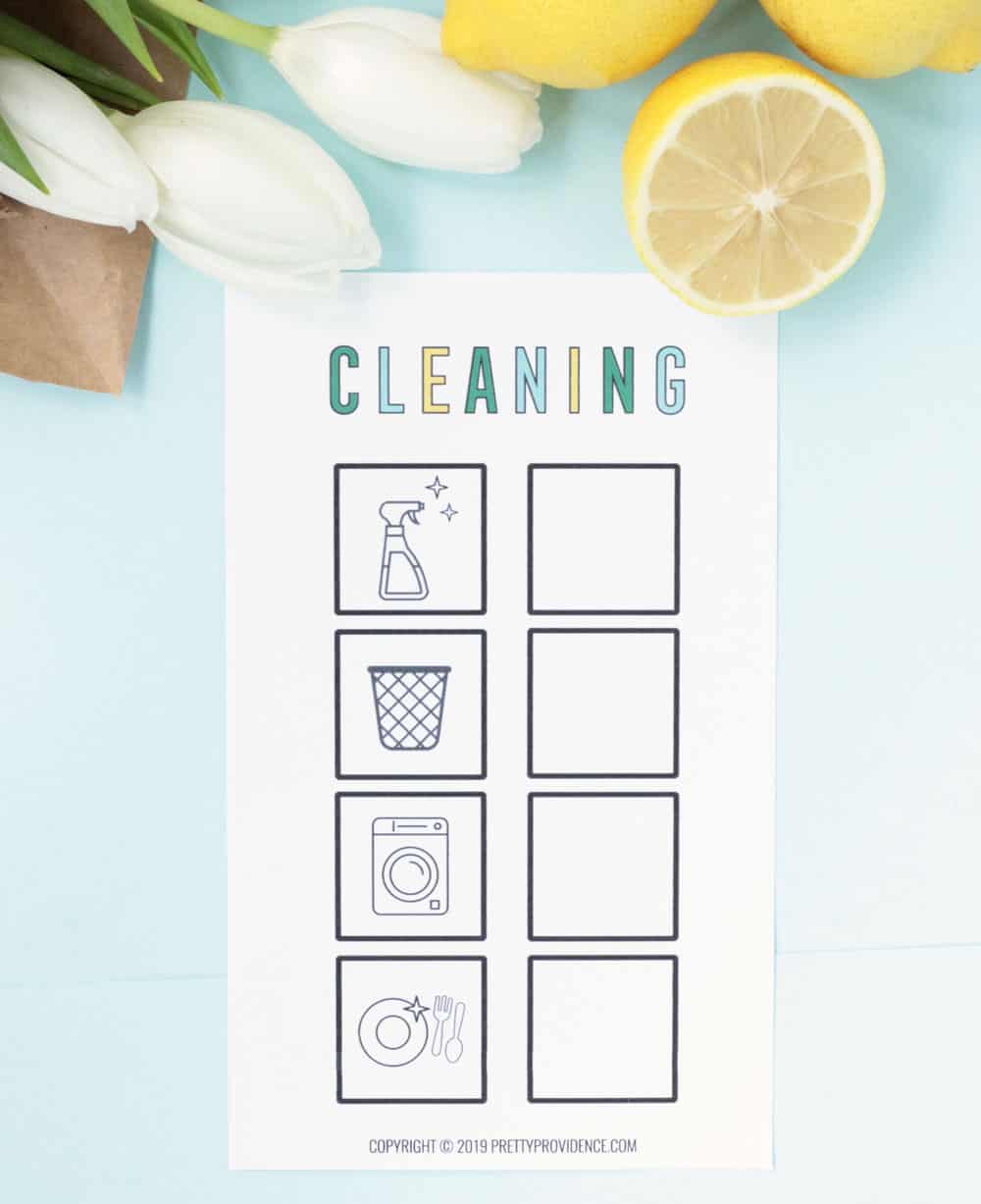 Cleaning checklist for kids with pictures on it and squares to check off tasks as they go.