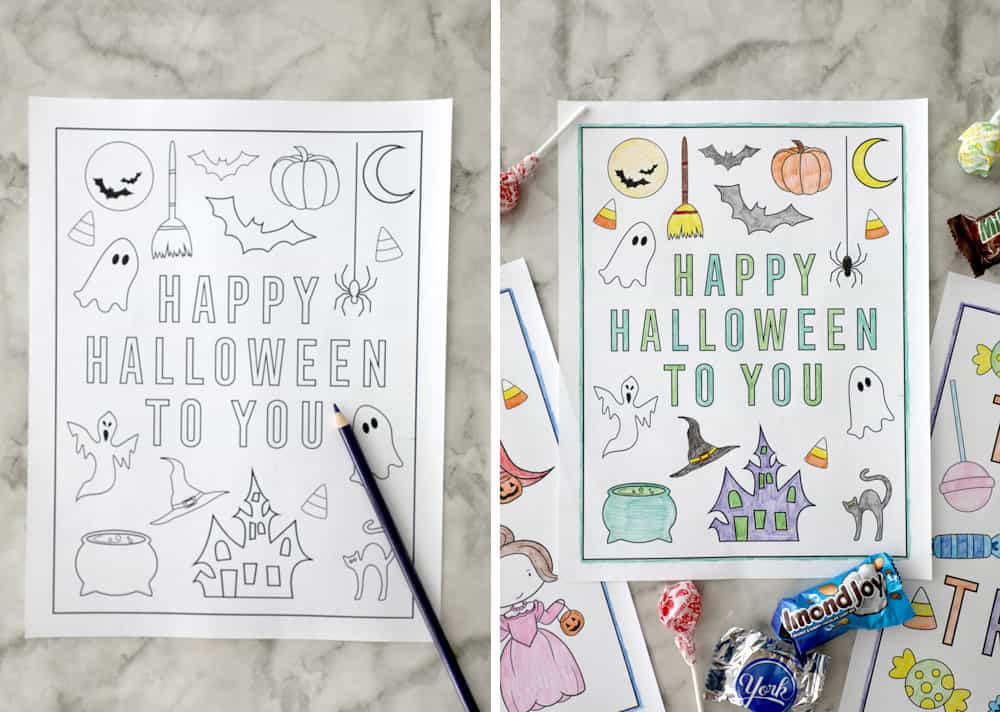 "happy halloween to you" blank coloring page next to a filled in coloring page