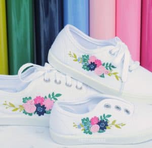 Floral sneakers made with Cricut Iron-On to shoes