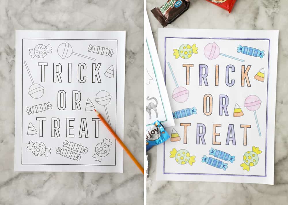 blank trick or treat coloring page next to filled in coloring page