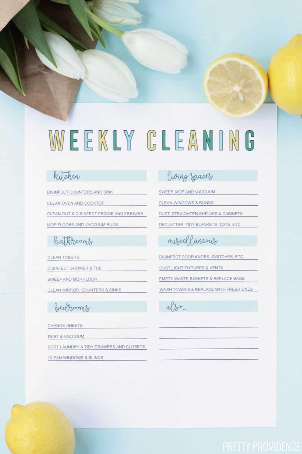 Weekly cleaning routine checklist, printed on white paper with lemon slices and tulips on the side!
