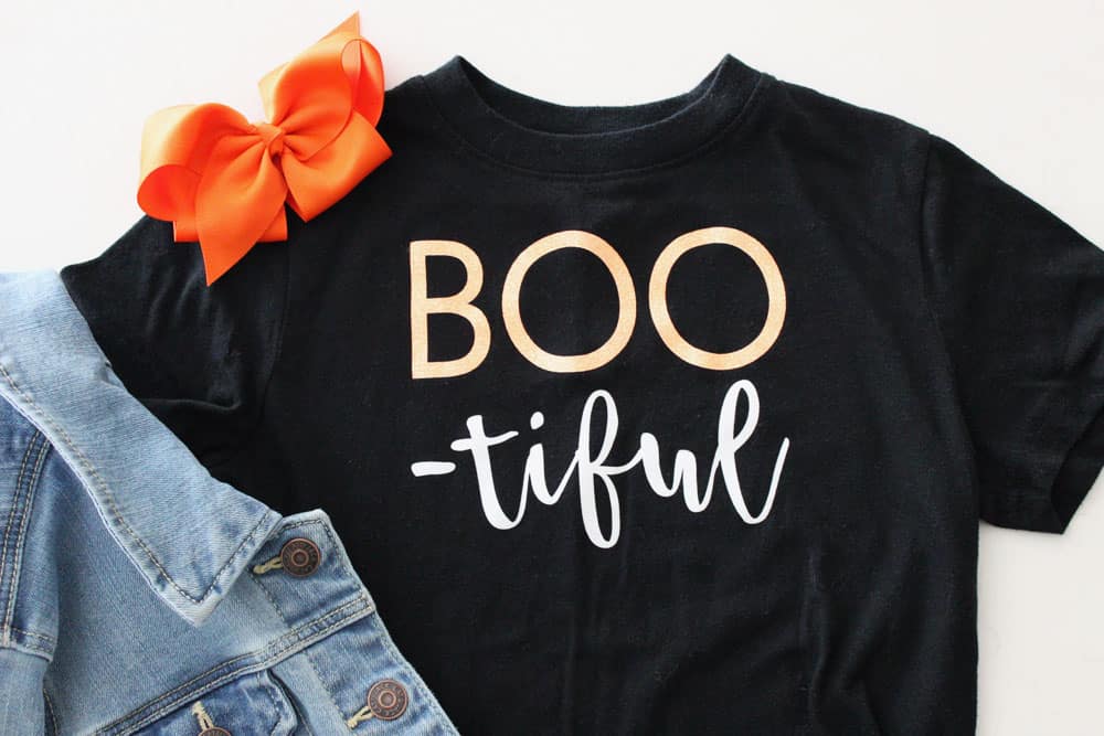boo-tiful halloween shirt with a jean jacket and an orange bow