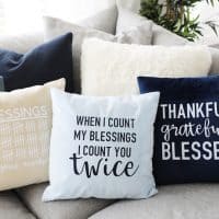 three cute fall pillow designs on a greige sectional with a plant behind them