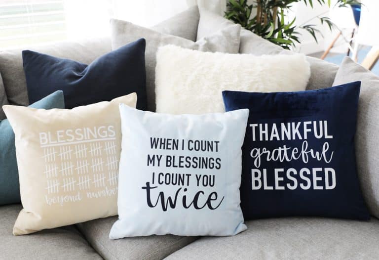 three cute fall pillow designs on a greige sectional with a plant behind them