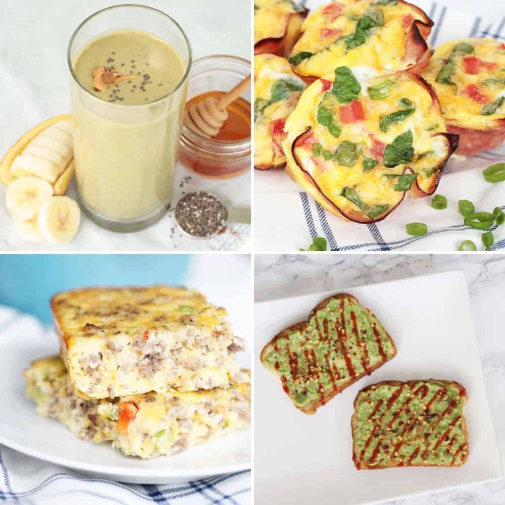 a collage of healthy breakfast ideas: smoothie, egg muffins, casserole, avocado toast