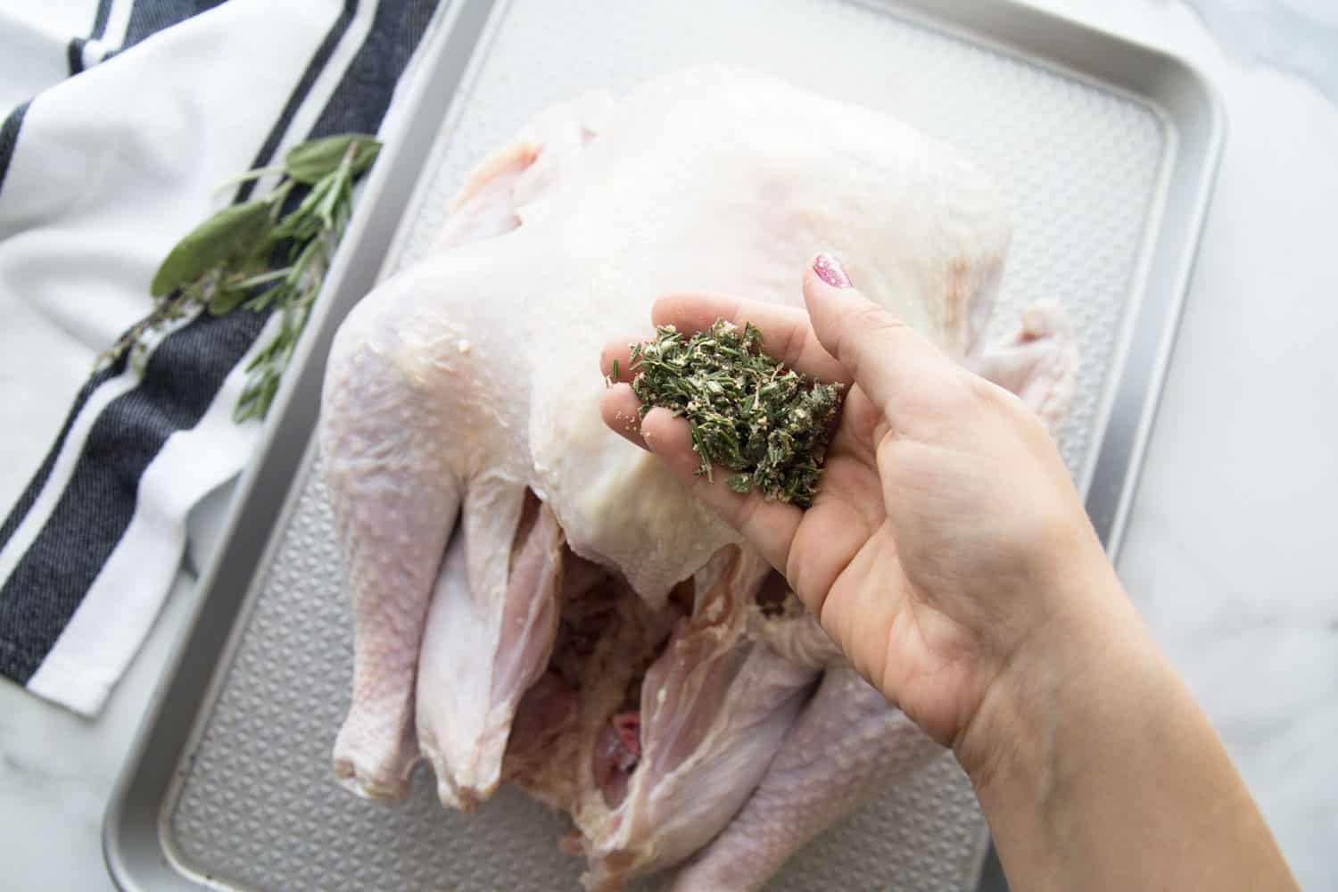 a raw turkey on a roasting pan and a hand holding herbs above it