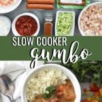 Slow Cooker Gumbo in a white bowl and ingredients on a dark gray surface.