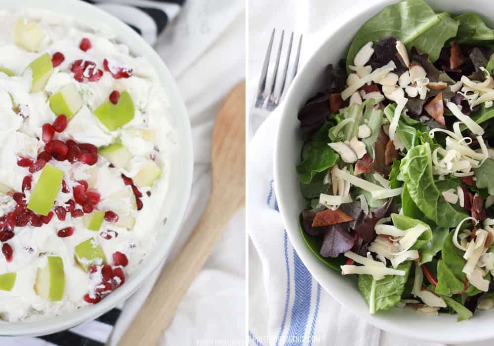 Thanksgiving Salads - left: pomegranate apple salad. Right: green salad with almonds, cranberries, swiss, and bacon.