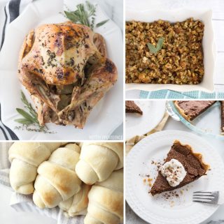 Traditional Thanksgiving Menu collage. Top left - Turkey top right- stuffing, bottom left - rolls bottom right - pie.