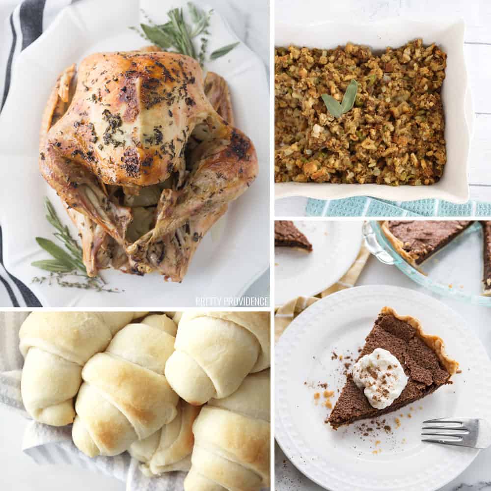 Traditional Thanksgiving Menu collage. Top left - Turkey top right- stuffing, bottom left - rolls bottom right - pie.