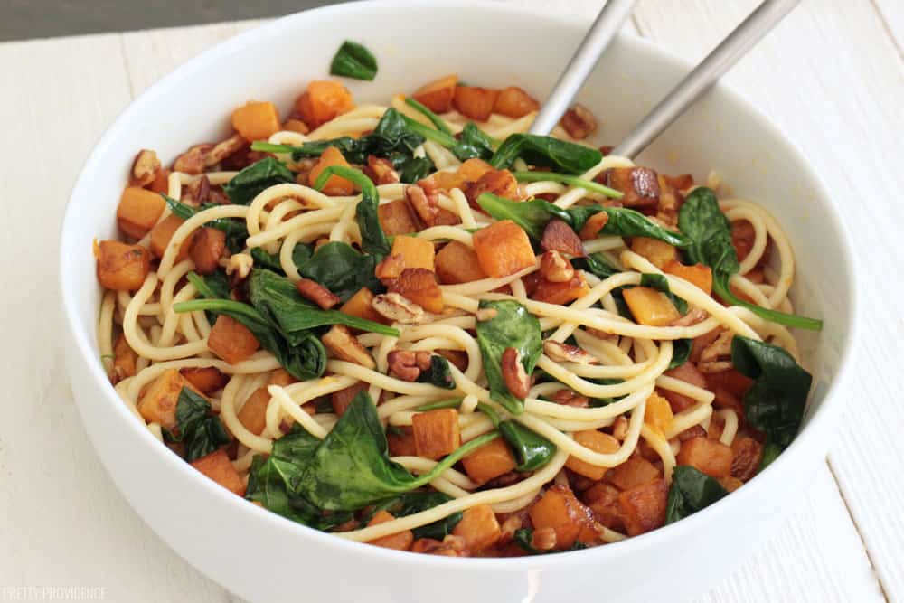 Browned butter pasta with butternut squash, spinach and pecans.