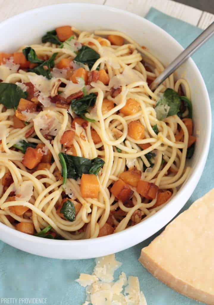 Browned Butter Pasta with Butternut Squash, Spinach, Pecans and fresh shaved parmesan cheese.