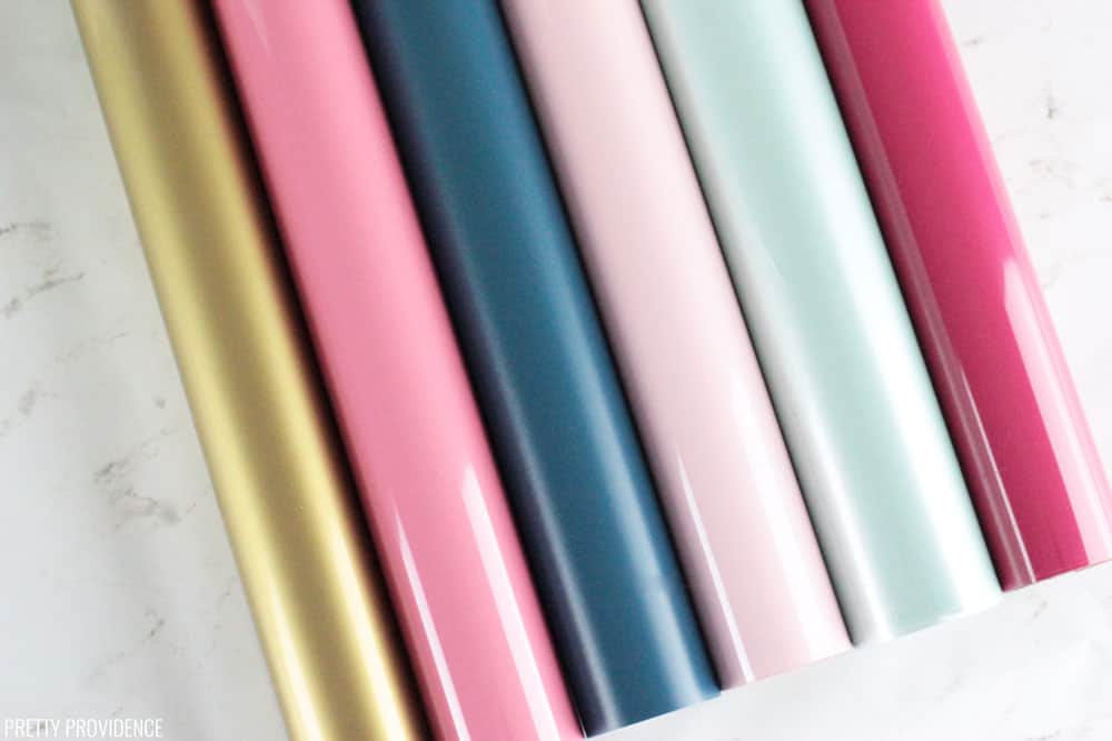 Cricut Iron On Vinyl rolls - gold, pink, navy, light pink, mint, raspberry.