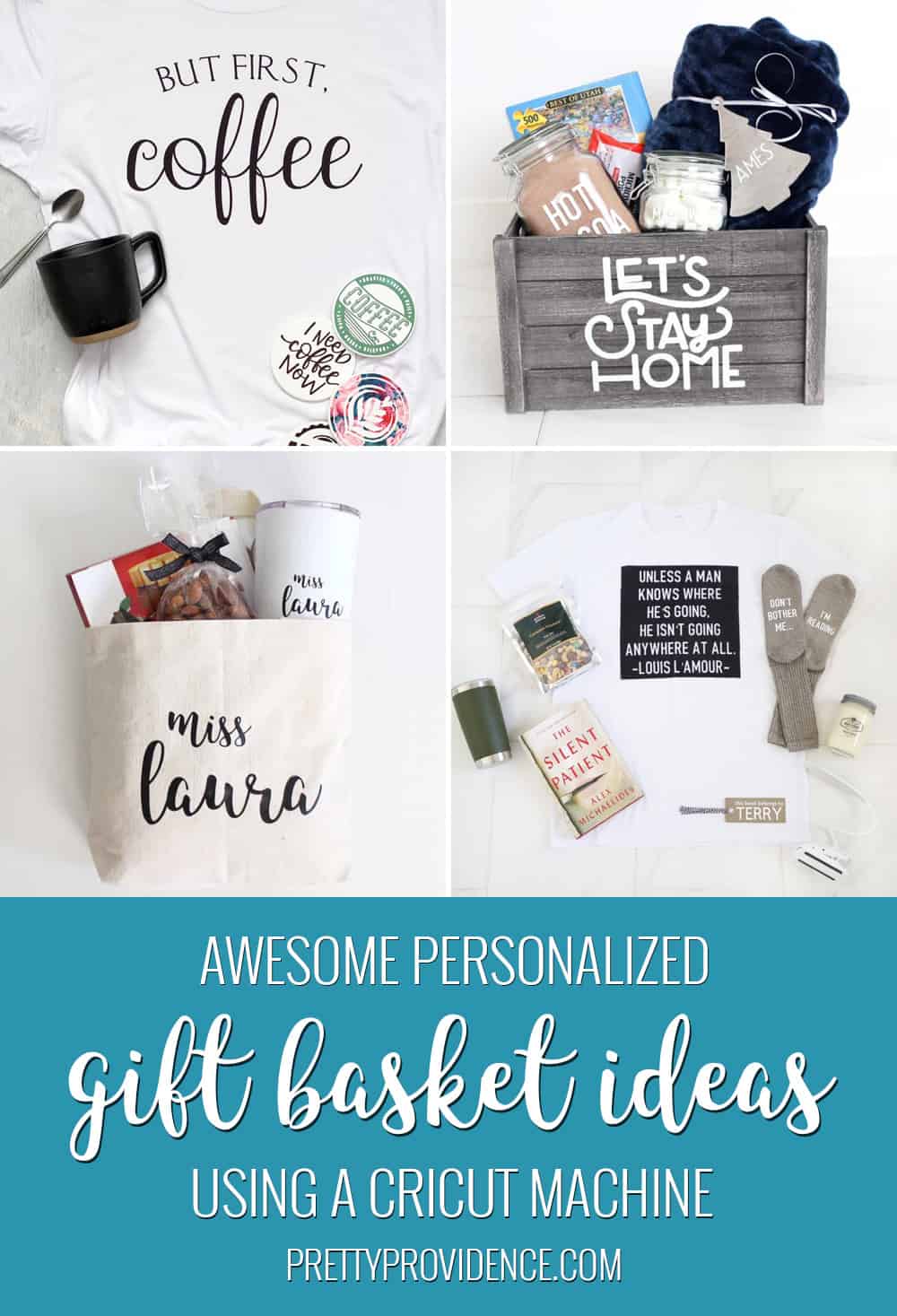 collage image of four different diy gift basket ideas optimized for pinterest