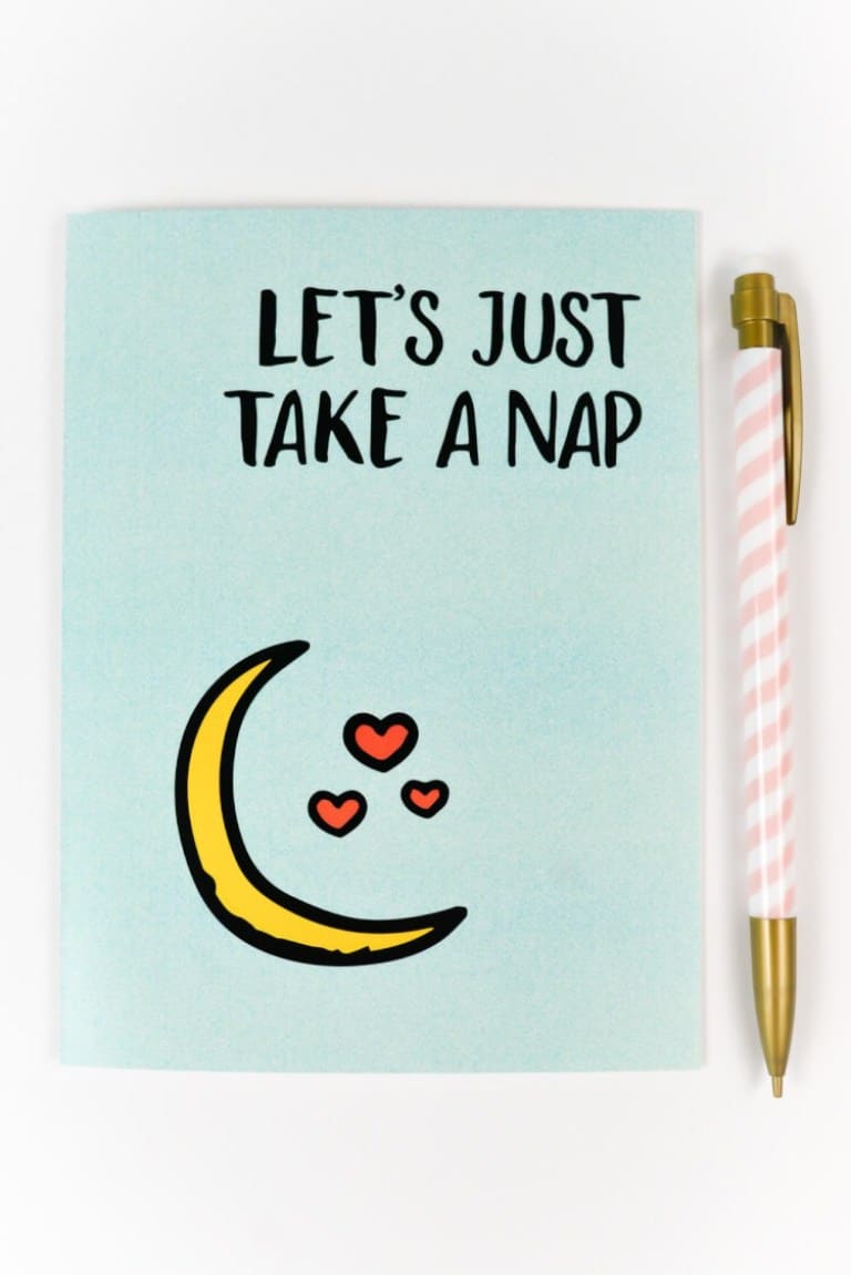 'Let's Just Take a Nap' Valentine card, light blue with a moon and hearts on it from Hey Let's Make Stuff