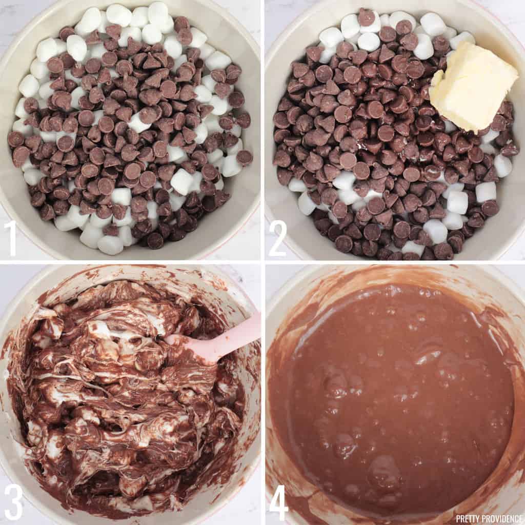 Collage of chocolate chips and marshmallows being melted in a mixing bowl, making S'mores bars with golden grahams