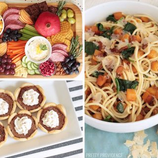 Simple dinner party menu collage - appetizer board on top left, mini chess pies on bottom left, and browned butter pasta on the right.