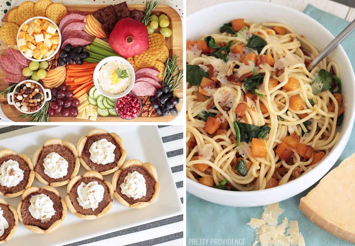 Simple dinner party menu collage - appetizer board on top left, mini chess pies on bottom left, and browned butter pasta on the right.