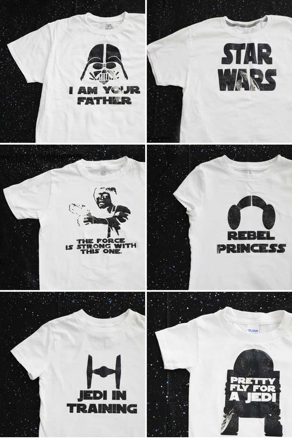 collage of six different white star wars shirts against a black background