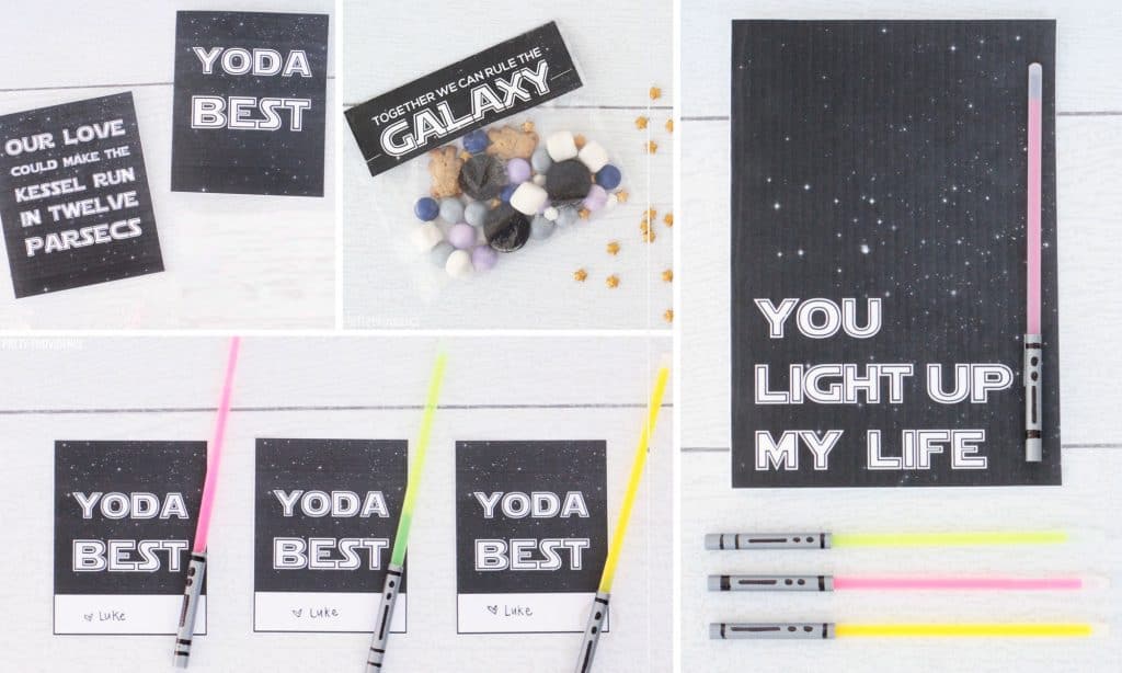 Collection of Star Wars valentines printables - black with white stars and phrases like 'you light up my life' 'yoda best' 'together we can rule the galaxy' and 'our love could make the kessel run in twelve parsecs'