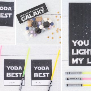 Collection of Star Wars valentines printables - black with white stars and phrases like 'you light up my life' 'yoda best' 'together we can rule the galaxy' and 'our love could make the kessel run in twelve parsecs'