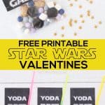 Star Wars printable valentines 'yoda best' with glow stick light sabers on a white surface and treat bag toppers 'together we can rule the world.'