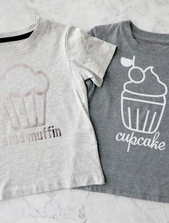 two grey t shirts next to each other, one says "stud muffin" one says "cupcake"