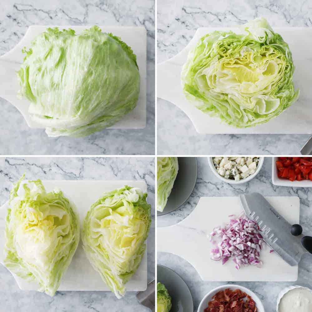 process photos showing how to clean and wedge iceburg lettuce, and toppings for wedge salad