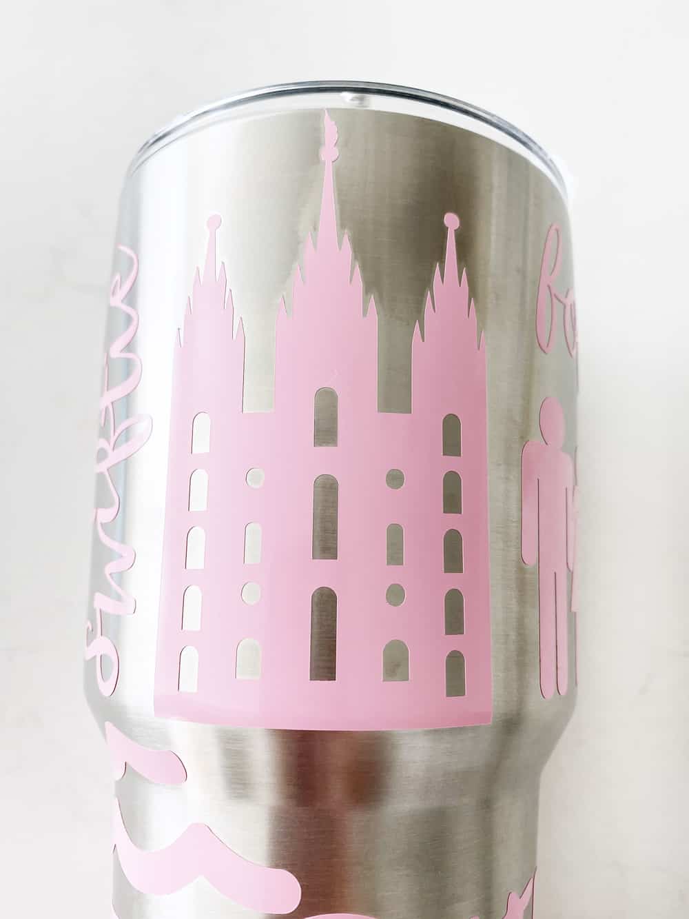 pink temple sticker on stainless steel tumbler