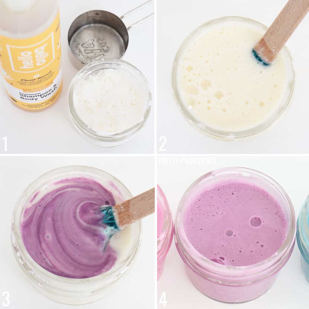 Step by step directions to make DIY bath paint for kids.