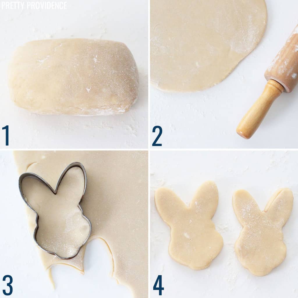 Easter sugar cookie dough being rolled out and cut into bunny shapes.