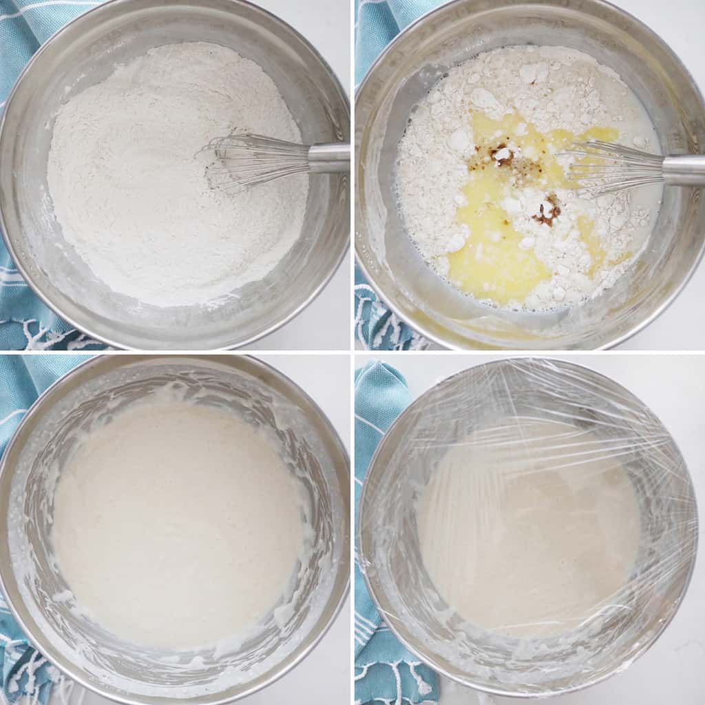 a collage of the steps to making yeast waffle batter