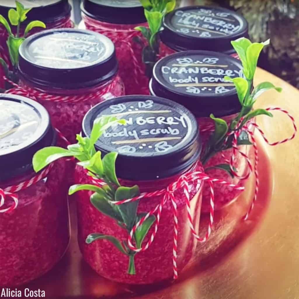 DIY Cranberry body scrub gifts on a tray, baby food jar Christmas craft by Alicia Costa 