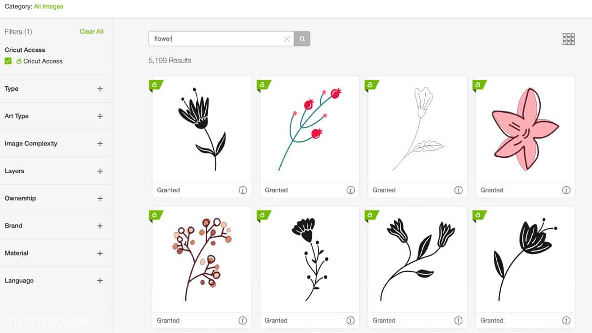 Cricut Access library with flower search results