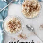 a photo of rice pudding optimized with text for pinterest