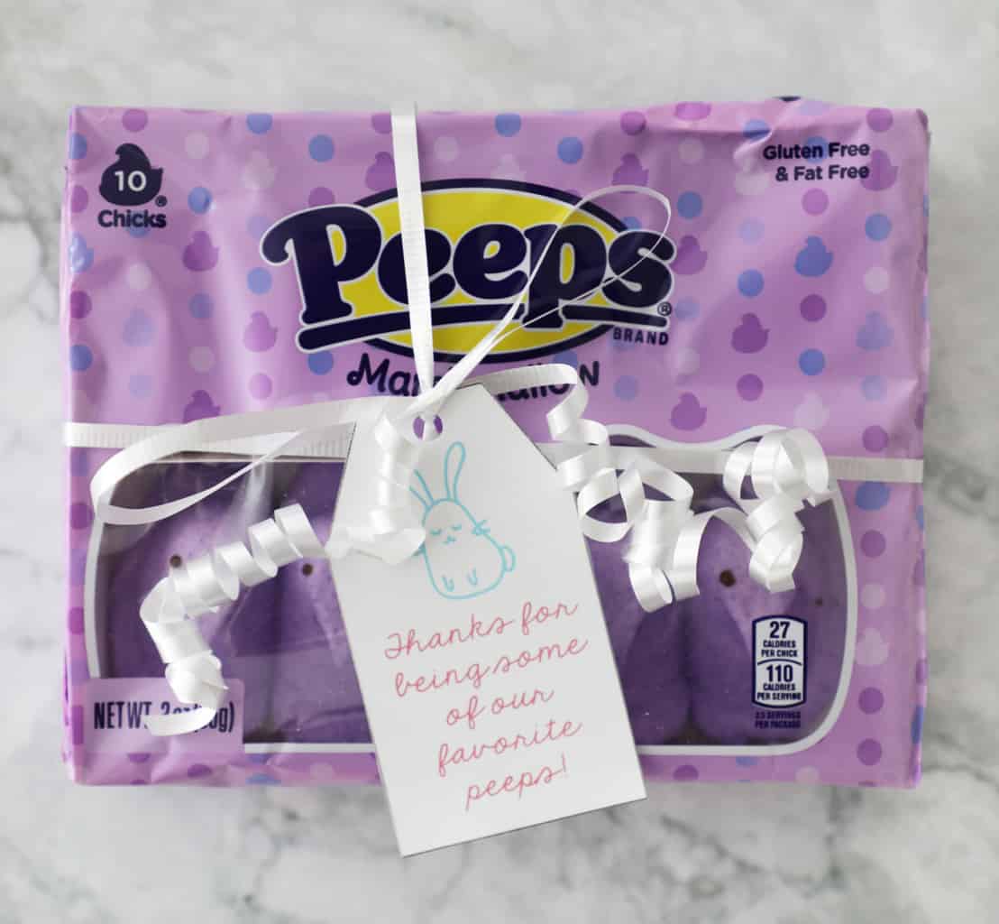 purple peeps with an easter tag tied on with white ribbon