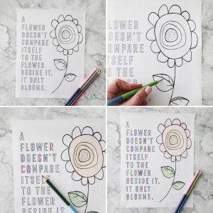 a collage showing a blank coloring page, then it gradually being fully colored