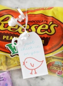 reeses eggs with a easter tag tied on with white ribbon